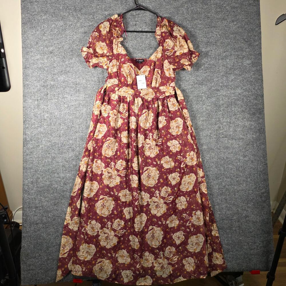 Blu Pepper NWT Floral Maxi Dress Burgundy Puff Sleeve Cottagecore Size L